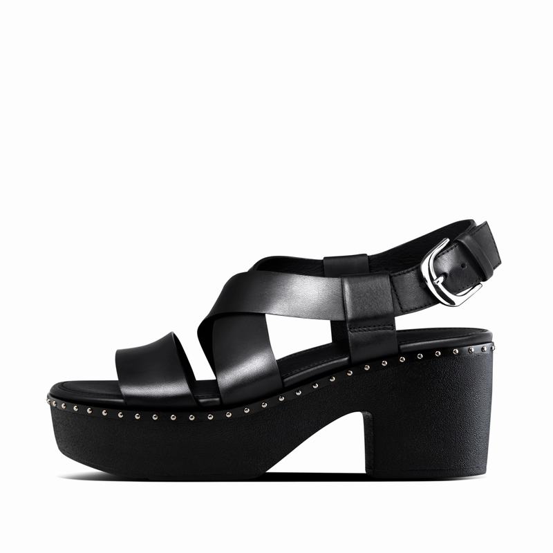 FitFlop Pilar Leder Schwarz - FitFlop Plateausandalen Damen Sale [COFT-08172]